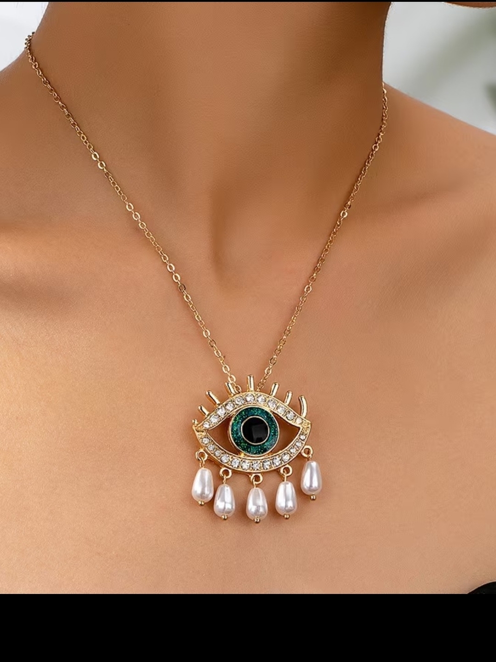 Gold Evil Eye Pendant Necklace with Green Center and Pearl Drops - Women Jewelry